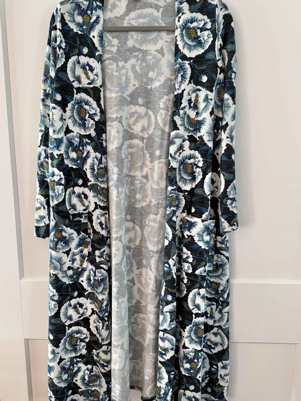 LuLaRoe Long Floral Open Cardigan in Blue, White and Black